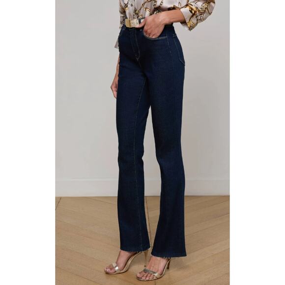 L’AGENCE Ruth High Rise Straight Jeans Size 29 Dark Wash Raw Hem Stretch Denim - Picture 2 of 5